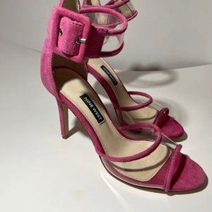 Nine West Hot Pink Suede And Clear Ankle Strap Stiletto Heels Sandal Shoes 6